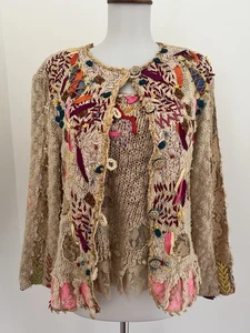 Sandy Starkman VTG Wearable Art Fabric Strip Lace Multi Cardigan-Tank SET Sz M - Picture 1 of 9