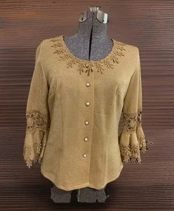 Vintage Gold Metallic Strick Bluse Spitze verzierte Ärmel Größe 40 / USA Large - Bild 1 von 15