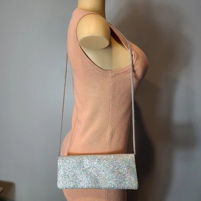 Metallic Glitter Purse Evening Bag Purse Handbag Prom Wedding Silver Holiday - Image 1 of 4