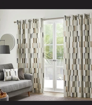 Fusion Oakland  100%  Cotton Natural Lined Eyelet Curtains 168cm X 137cm, New - Image 1 of 3
