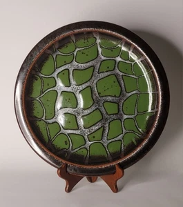 Art Pottery Plate by Robert Bush Green Brown and Silver Metalic Large Marked - Picture 1 of 9