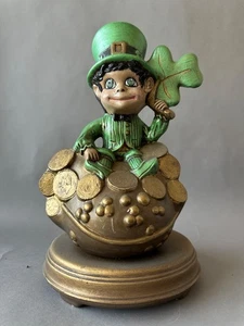 Irisches Kleeblatt Kobold Topf Gold Münze Figur Keramik Spieluhr Vintage - Bild 1 von 9