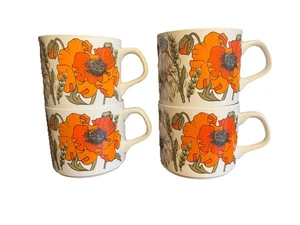 J & G Meakin Ceramic Poppy Print Set of 4 Mugs Cups Tea / Coffee Floral Vintage - Picture 1 of 12