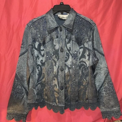 Chaqueta Flashback De Colección Azul Metálico Detalle Floral Encaje Bordado Crochet Talla P/L Foto 1 de 4