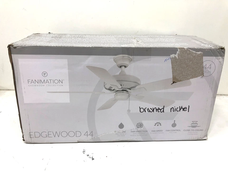 Fanimation Edgewood 44 in. Indoor/Outdoor Brushed Nickel Ceiling Fan - Image 1 of 3