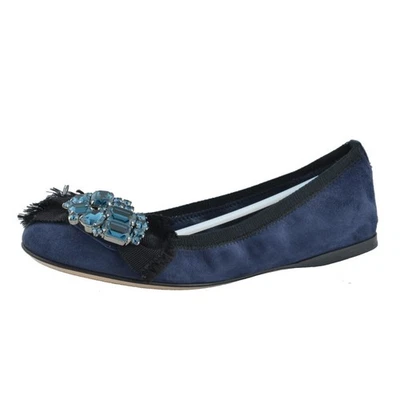 Zapatos planos de ballet decorados con cristal azul oscuro de gamuza para mujer Miu Miu talla 6 6,5 Foto 1 de 4
