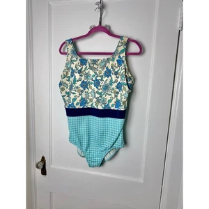 Lands' End One Piece Swimsuit Women's Plus 18 W Blue Gingham Floral Modest - Picture 1 of 10