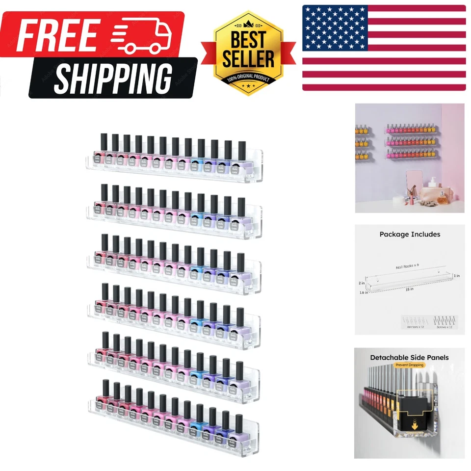Femeli Nail Polish Wall Rack 6 Shelves Clear Acrylic 15 Inch