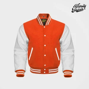 Orange Wool body White Sleeves Premium Varsity Jacket Letterman Baseball College - Picture 1 of 5