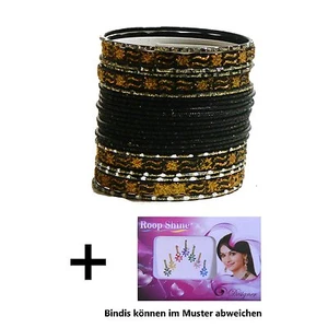 24 Armreifen Mahive Bollywood Bangles schwarz gold 6,5cm mit Bindis Indien - Picture 1 of 1