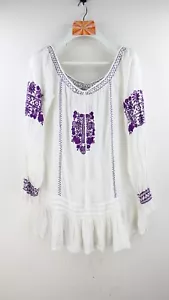 Arnhem long sleeve mini dress/long blouse in white with violet embroidery size L - Foto 1 di 12