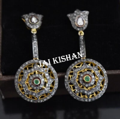 Natürlicher Smaragd Edelstein Polki Pave Diamant 925 Sterling Silber Ohrringe - Bild 1 von 4