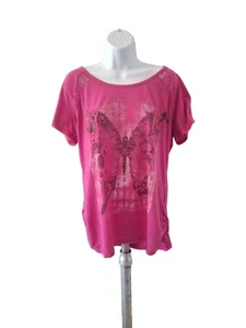 Faded Glory Womens Top XL Pink Rolled Short Sleeve Lace Back Butterfly Print Y2K - Picture 1 of 8