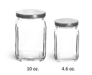Square Victorian Glass Jars Bulk Pack Set of 12 10 oz. w/ WHITE Tin Lid NEW