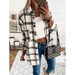 New Oversized Striped Plaid Flannel Button Up Shacket Jacket Large Black White - Picture 1 of 10