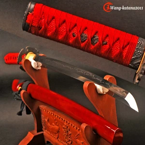Red Wakizashi Real Hamon Sharp Japanese Samurai Sword Clay Tempered T10 Steel - Picture 1 of 12