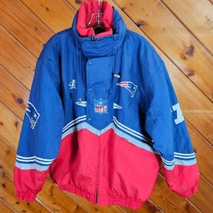 Vtg 90s Logo Athletic Pro Line New England Patriots Puffer Jacket Hooded Coat L - Picture 1 of 8