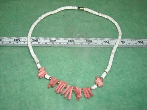 vintage necklace red coral over 1/2" golden beads white heishi shell beads 16"  - Picture 1 of 3