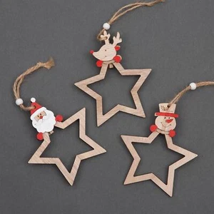 3 Pcs Christmas Tree Decorations Star Shape Wooden Hanging String Ornament Craft - Picture 1 of 5