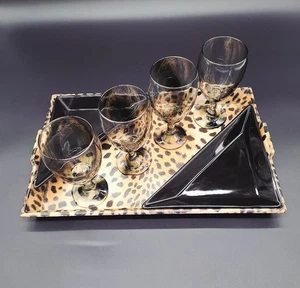 Vintage Libbey Smoky Goblets Set of 4 with Leopard Tray & Pampered Chef Plates - Picture 1 of 12