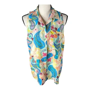 Oscar de la Renta Button Down 100% Seide Hemd Paisley Blumen ärmellos Gr. L - Bild 1 von 12