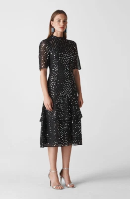 Vestido Whistles Negro/Multi Ivanna Lentejuelas Niveles Espalda Abierta Manga Corta Talla 8 Foto 1 de 4