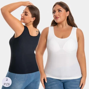 Women Tank Top w/Built in Bra Casual Wide Strap Sleevless Layer Camisole Tops - Picture 1 of 14