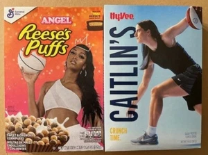 NUOVO Caitlin Clark Crunch Time Indiana Fever Cereal Box & Angel Reese's Puffs - Foto 1 di 2