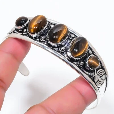 Brazalete ajustable ojo de tigre piedras preciosas plata de ley 925 joyería Foto 1 de 2