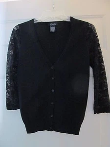 Cardigan Sweater Lace Sleeve Black Thin Knit  3/4 Size S by Deb  - Picture 1 of 4