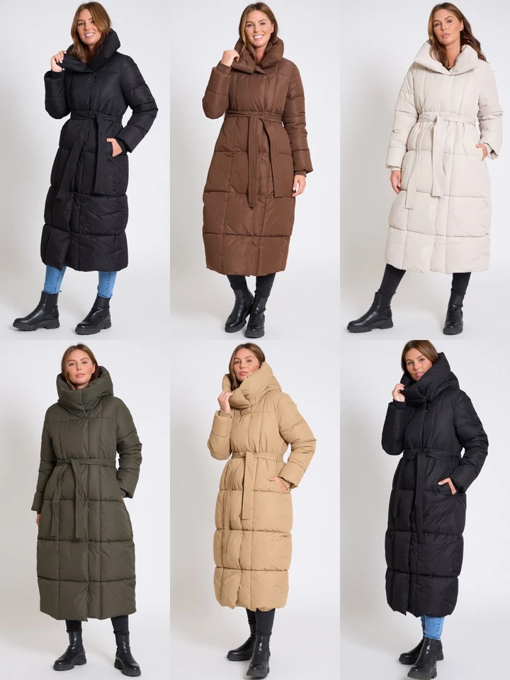 Women's Ladies Long Oversized Coat Quilted Padded Belted Shawl Neck Long Jacket - Image 1 of 1