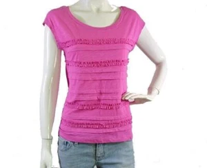 Ann Taylor LOFT Pink mini ruffle women's cotton casual Tee T-Shirt Top - Picture 1 of 3