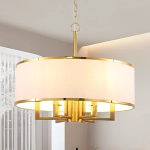 24" 6-Light Drum Chandelier Large Hanging  Drum Pendant Light Fixture Gold Brass - Picture 1 of 7