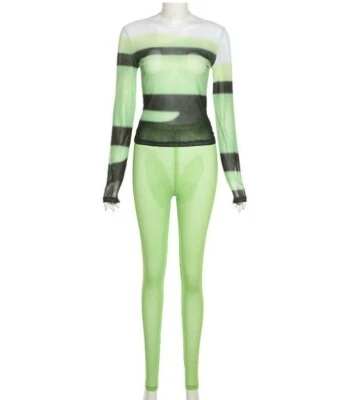 NUEVO Conjunto de 2 piezas de top + pantalones ajustados de manga larga con estampado precioso de malla transparente para mujer #H Foto 1 de 4