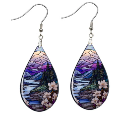Mountains & Wildflowers Faux Stained Glass Earrings NO TARNISHING Wood Teardrop - Image 1 of 4