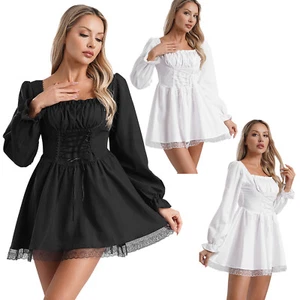 Women Sundress Square Neck Dresses High Waist Dress Puff Sleeves Streetwear - Picture 1 of 33