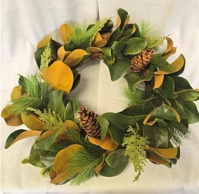 .= Winward Magnolia Wreath 24" Multi Color Green Fall Brown Pinecone XP10130MI - Image 1 of 4
