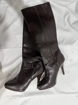 Women’s Brown Knee High Stiletto Heel Boots Size 8M Faux Leather Side Zip - Image 1 of 4