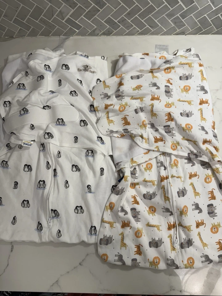 Lote de 2 pañales de saco de dormir Halo recién nacido zoológico animales salvajes pingüinos Foto 1 de 4