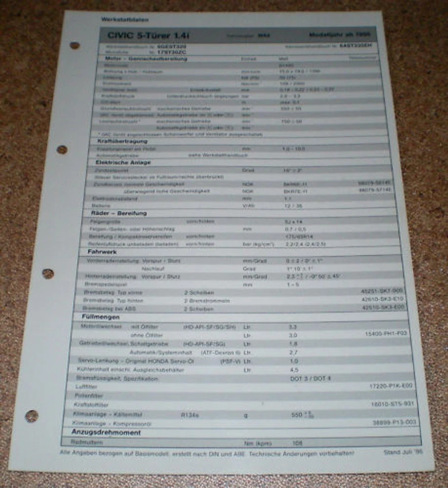 Hoja De Inspección Honda Civic 5 Puertas 1,4i - Desde 1996! - Imagen 1 de 1
