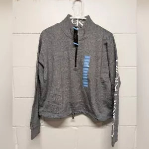 CALVIN KLEIN (Large) Gray Half Zip Long Sleeve Crop Sweatshirt NWT - Picture 1 of 9