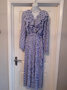 Splash Blue White Pleated Dress Frilled Neckline Long Sleeves Size 10 - Picture 1 of 12