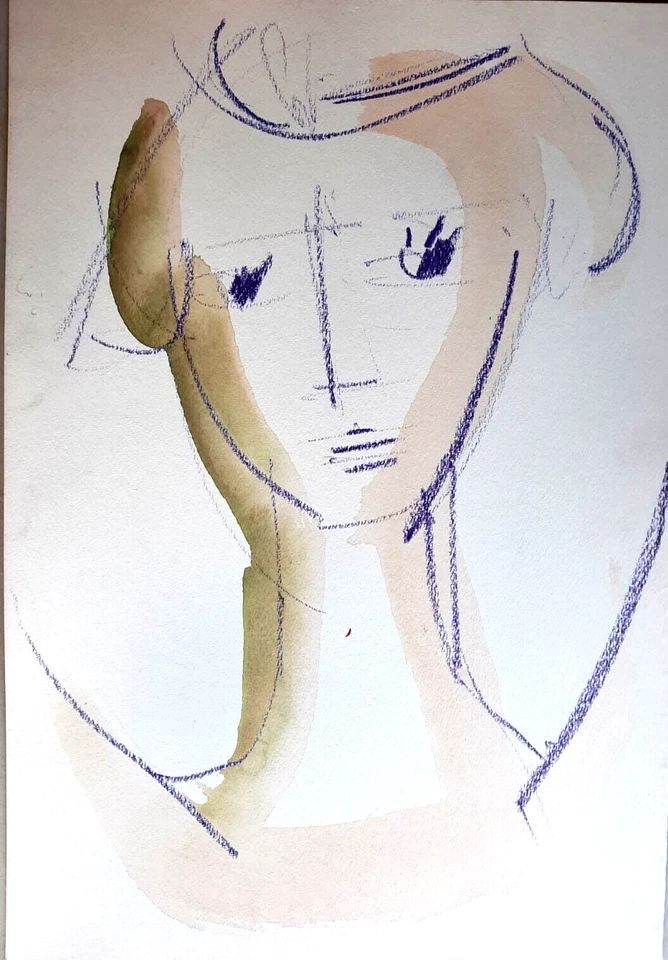 Mario Salmaso, Pastel and watercolour on Cardboard Painting, 1970 Face Study - Bild 1 von 1