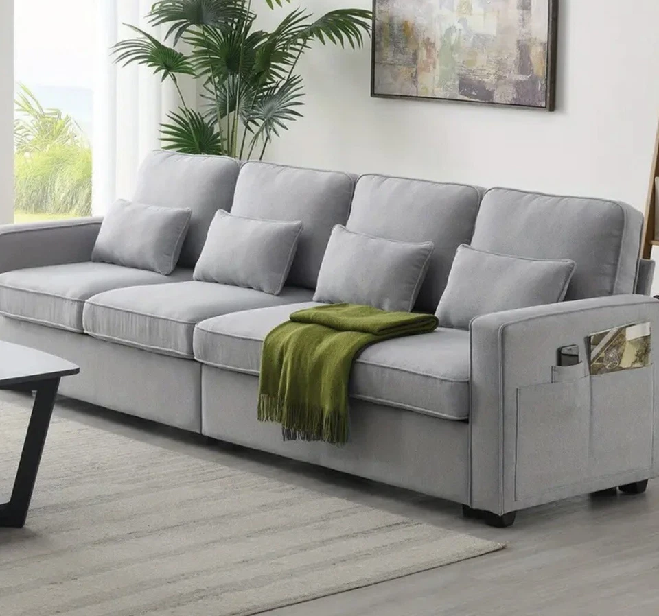 Sofá moderno de tela de lino de 104" de 4 plazas con bolsillos con reposabrazos y 4 almohadas Foto 1 de 4
