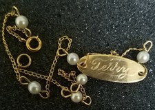 Name Vintage Ankle Bracelet Anklet 14K Solid Gold Pearl Terry
