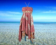 Women's Hi Low Luxe Halter Dress, Red Peach Bohemian Recycled Silk Strapless S/M