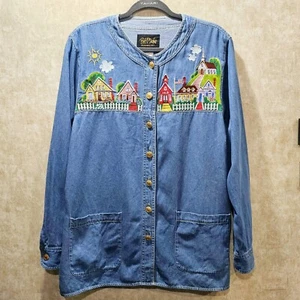 VTG Bob Macki Wearable Art Denim Embroidered Tiny Town Shirt Women's Size M - Picture 1 of 7