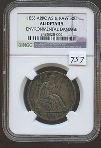 1853 Arrows & Rays 50C NGC AU Details (#757) Environmental Damage. Coin is Total - Picture 1 of 2