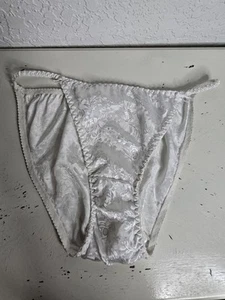 Vintage 90s Unbranded Satin String Bikini Panties White Floral - Picture 1 of 10