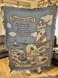 Precious Moments Footprints in Sand Tapestry Blanket Throw Fringe VTG USA 60x45. - Picture 1 of 3